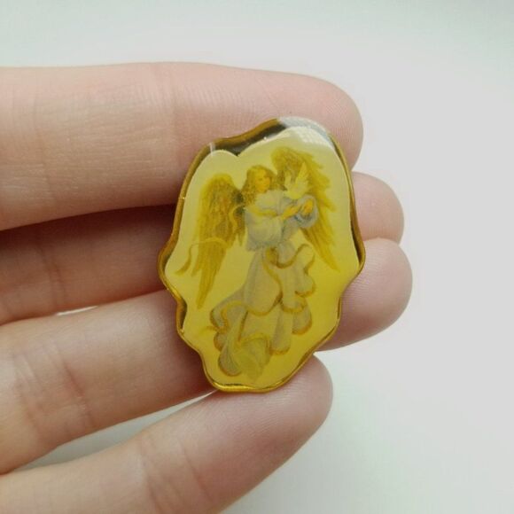 Vintage Angel Lapel Pin, Yellow Tone Brooch, Protection Guardian, Estate - Picture 5 of 6